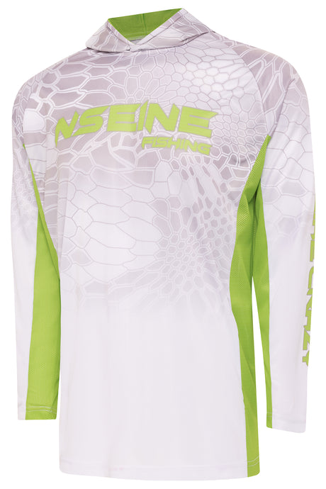 NSEINE White/Green Vented/Hooded Long Sleeve Fishing Shirt