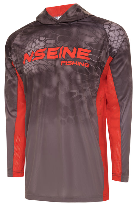 NSEINE Gray/Lava Vented/Hooded Long Sleeve Fishing Shirt