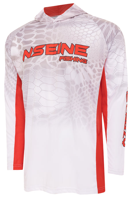 NSEINE White/Lava Vented/Hooded Long Sleeve Fishing Shirt